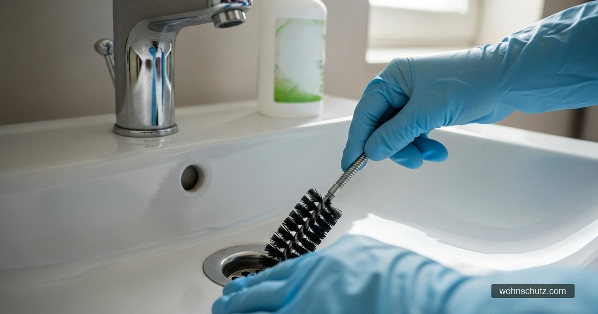Reinigung eines Badezimmerabflusses mit Rohrbürste und Reiniger gegen Abortfliegen-Larven im Biofilm