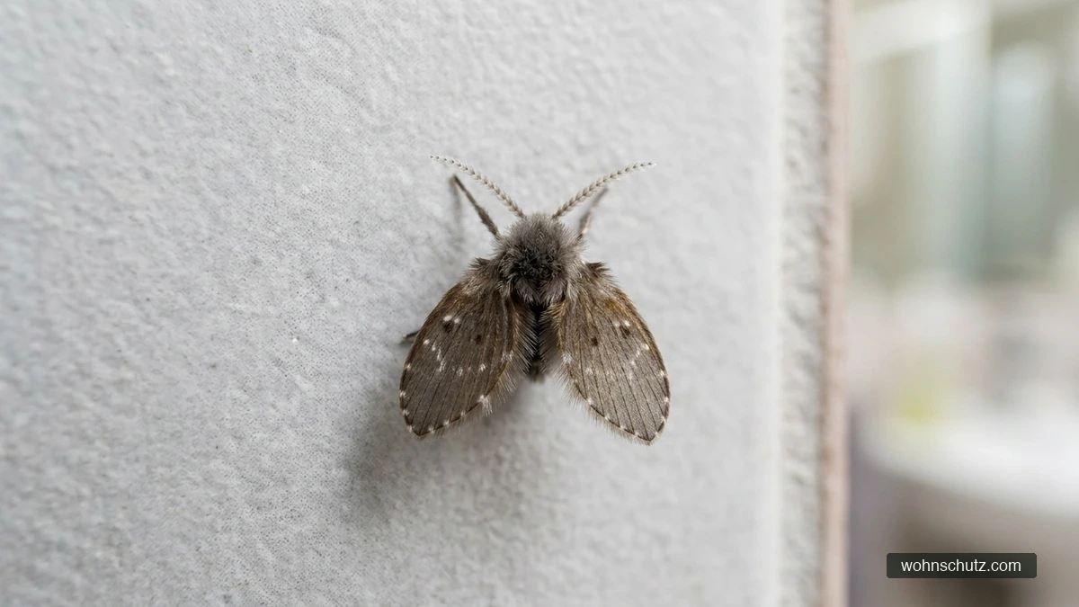 Abortfliege (Schmetterlingsmücke, Clogmia albipunctata) sitzt bewegungslos an einer hellen Badezimmerwand – herzförmig gestellte, dicht behaarte Flügel