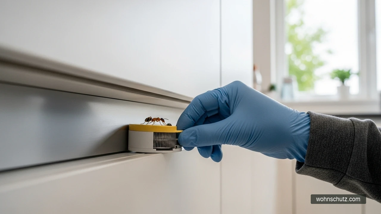 Ameisenköder in Köderdose im Küchenunterschrank platziert
