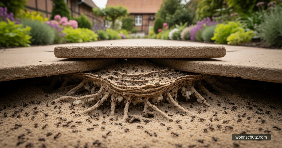 Ameisennest unter einer Terrassenplatte – typischer Problemstandort im deutschen Garten