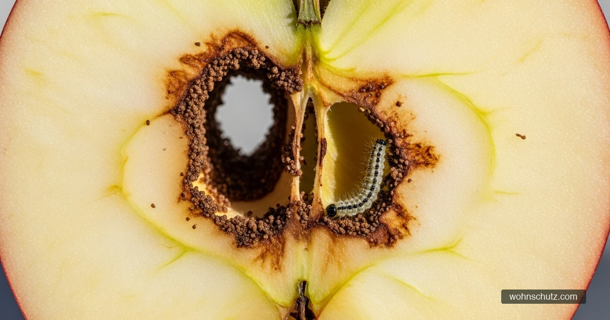 Aufgeschnittener Apfel mit braunem Bohrgang und Kotkrümeln einer hellen Apfelwickler-Raupe am Kerngehäuse