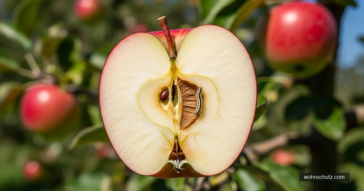 Aufgeschnittener Apfel mit Bohrgang und Kotkrümeln einer Apfelwickler-Raupe neben einem Apfelbaum mit reifen Früchten