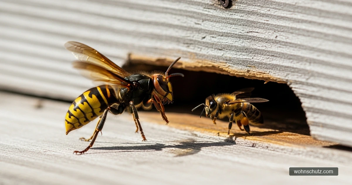 Asiatische Hornisse im Schwirrflug vor dem Flugloch eines Bienenstocks beim Abfangen einer Honigbiene
