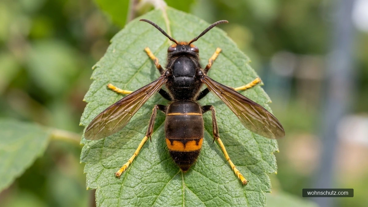 Asiatische Hornisse (Vespa velutina nigrithorax) von oben – dunkler, fast schwarzer Körper, gelbe Beinspitzen und ein orangegelbes Hinterleibssegment