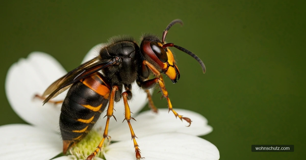 Asiatische Hornisse (Vespa velutina) mit dunklem Körper und gelben Beinspitzen auf einer Blüte