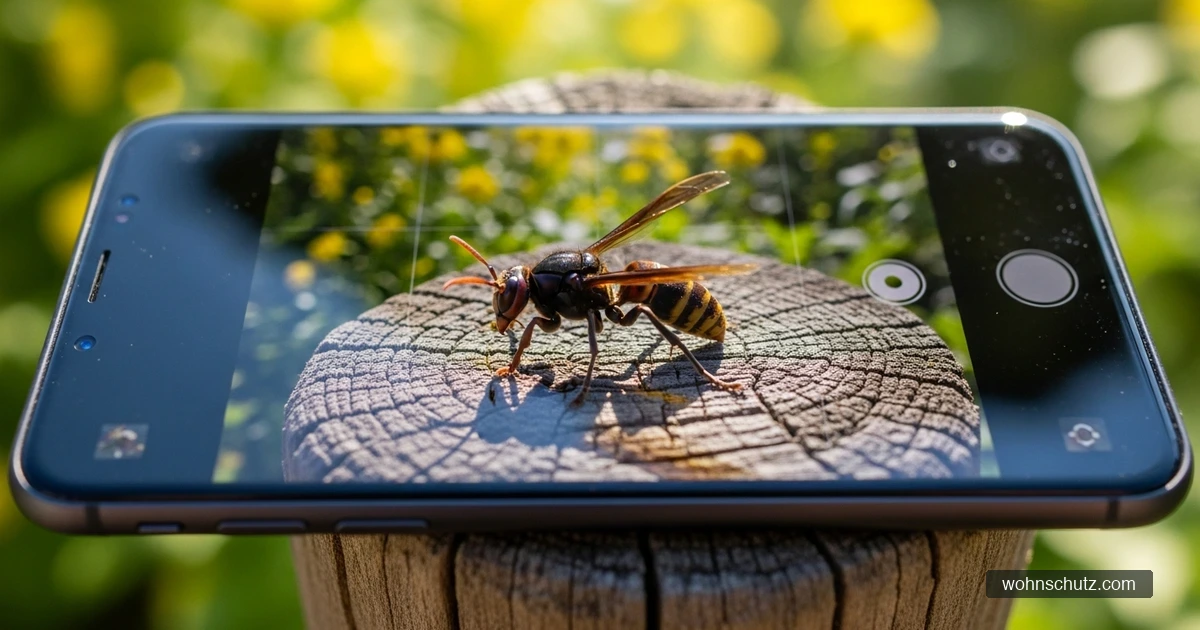 Smartphone fotografiert aus sicherem Abstand eine Asiatische Hornisse für die behördliche Meldung