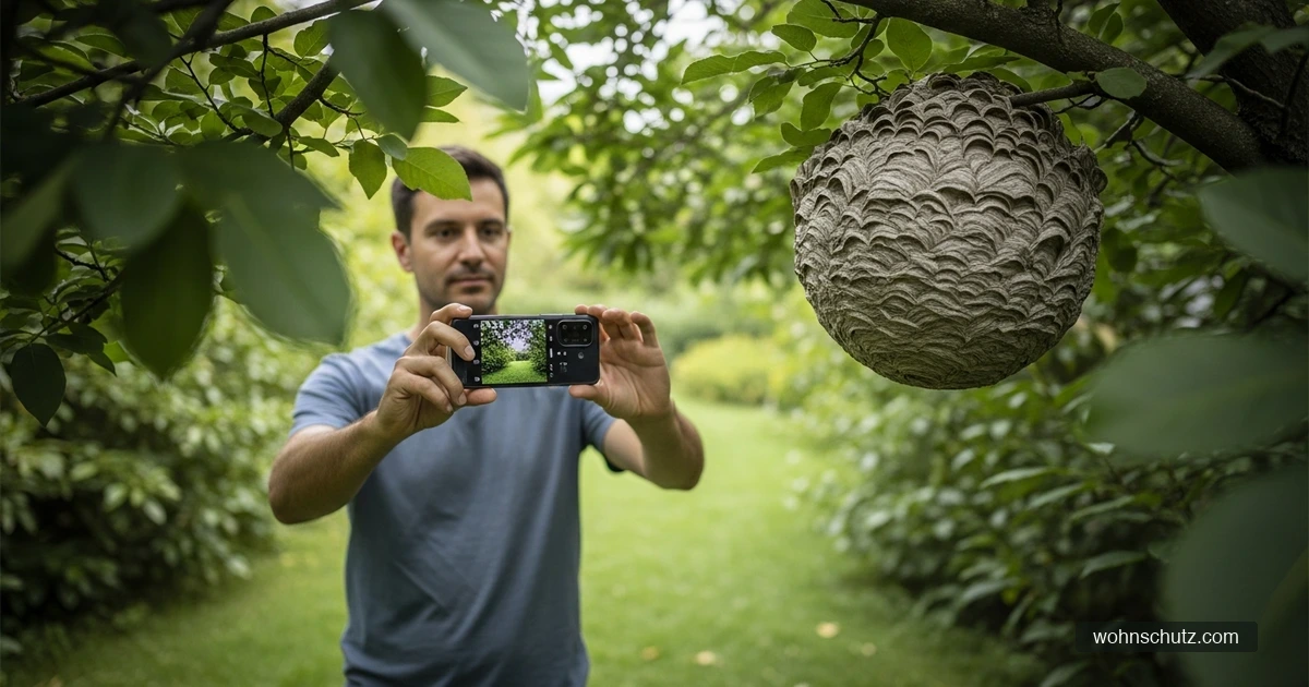 Person fotografiert aus sicherem Abstand ein Hornissennest zur Meldung an die Naturschutzbehörde