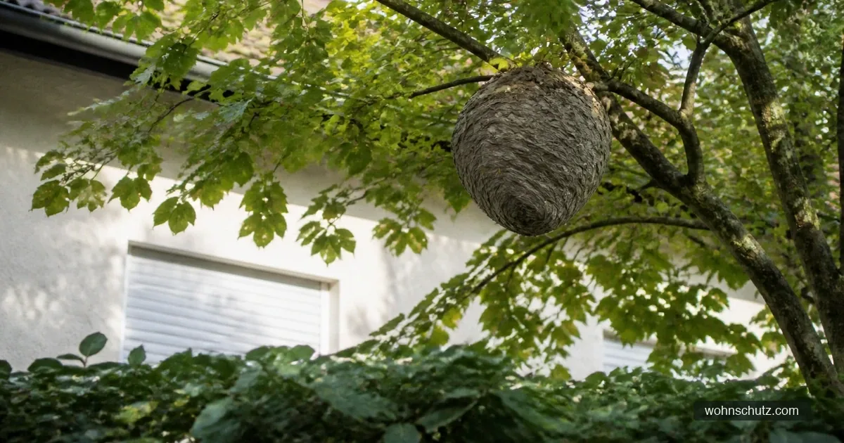 Kugelförmiges Hornissennest hoch in einer Buche über einem Hausgarten mit Putzfassade und Rollladen