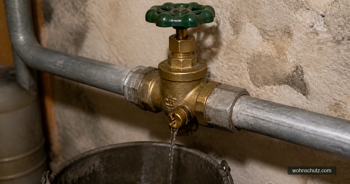 Absperrventil an einer verzinkten Leitung im Keller, aus der geöffneten Entleerungsschraube läuft Wasser in einen Eimer