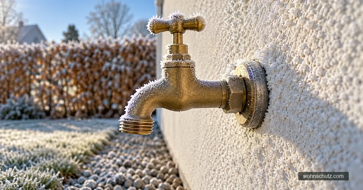 Trockener Außenwasserhahn aus Messing ohne Schlauch an einer verputzten Hauswand, überzogen mit Raureif an einem Frostmorgen