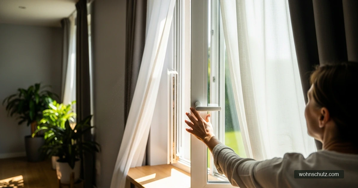 Person öffnet ein Fenster weit zum Stoßlüften, frische Luft strömt in einen hellen Raum