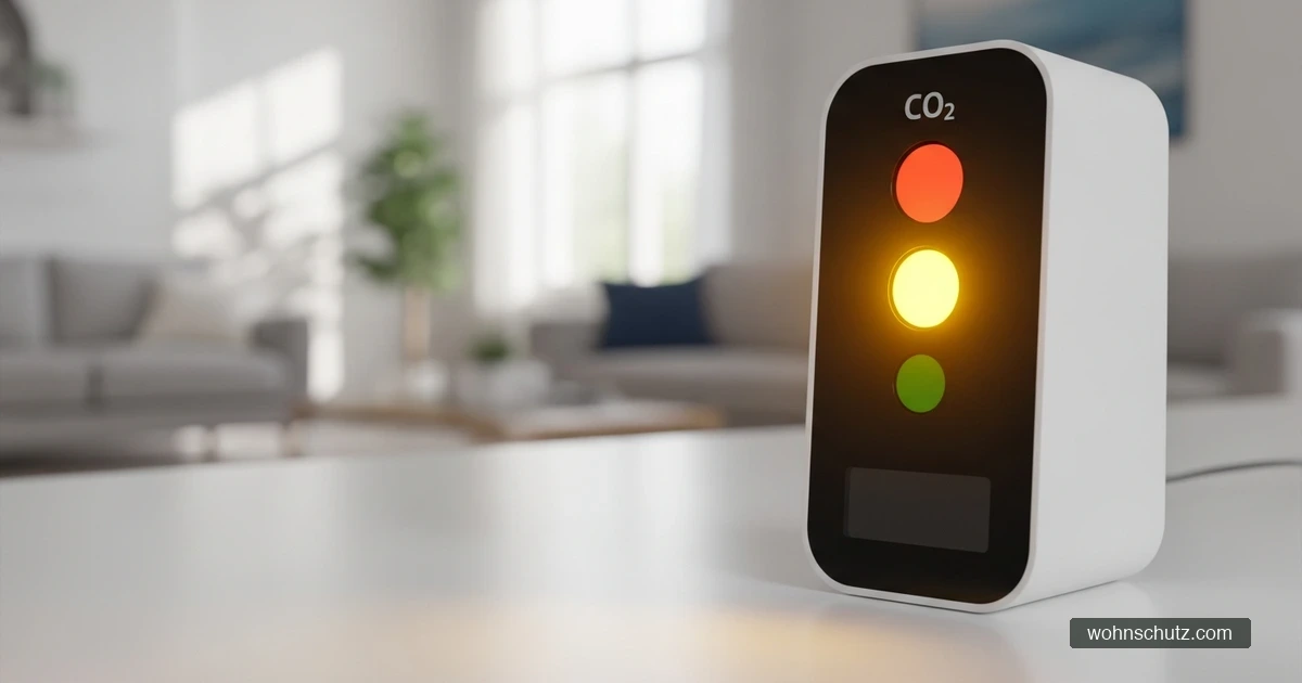 Nahaufnahme eines CO2-Messgeräts mit Ampel-Anzeige, das einen erhöhten Wert im gelben Bereich zeigt