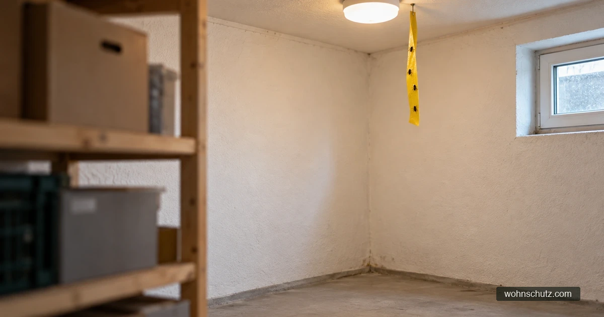 Gelber Fliegenfänger-Streifen hängt in der Ecke eines Abstellraums neben der Deckenleuchte, weit über Kopfhöhe