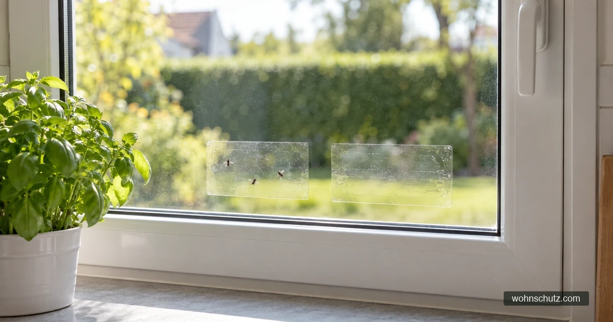 Küchenfenster mit transparenten Fliegenfallen-Stickern auf der Scheibe im Gegenlicht