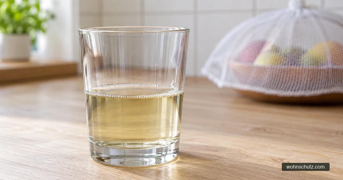 Offenes Glas mit Essigwasser auf der Arbeitsplatte, dahinter eine Obstschale unter einer Abdeckhaube