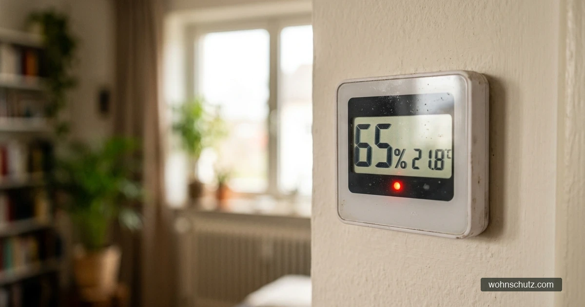 Digitales Hygrometer mit LCD-Display zeigt 52% Luftfeuchtigkeit und 21°C Raumtemperatur im Wohnzimmer