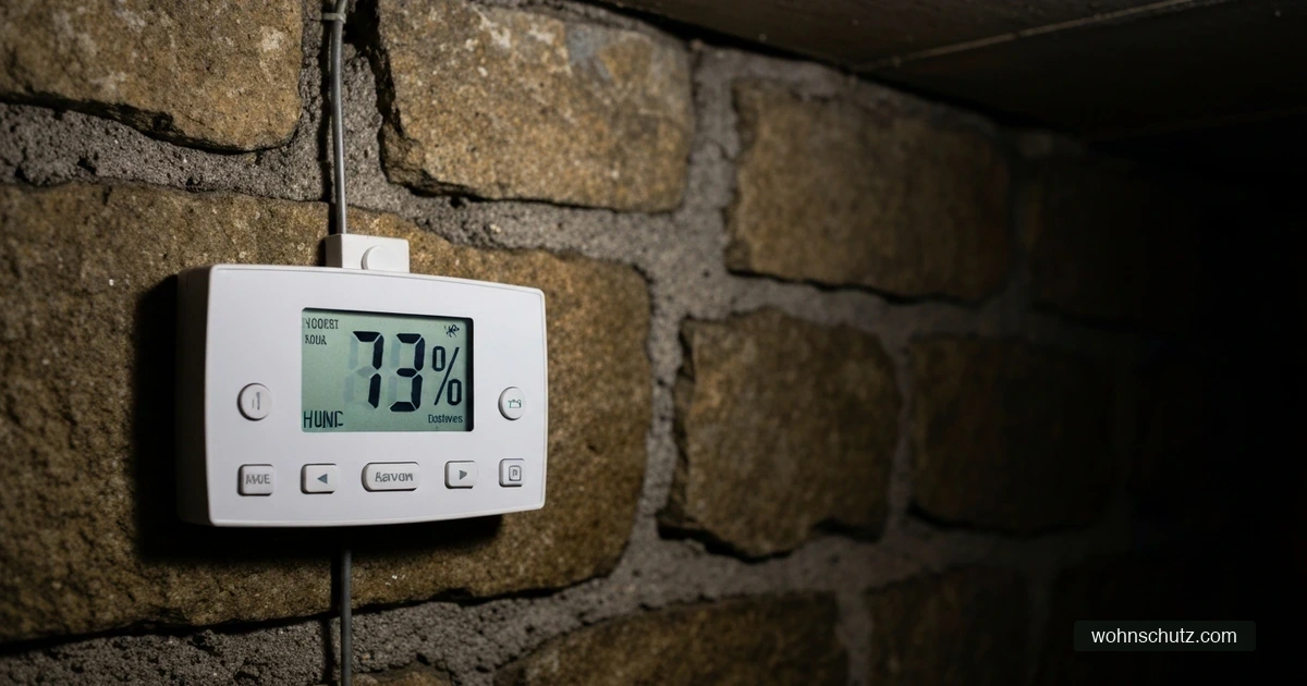 Hygrometer im Keller zeigt 74% Luftfeuchtigkeit – rote Anzeige warnt vor Schimmelgefahr an einer feuchten Betonwand