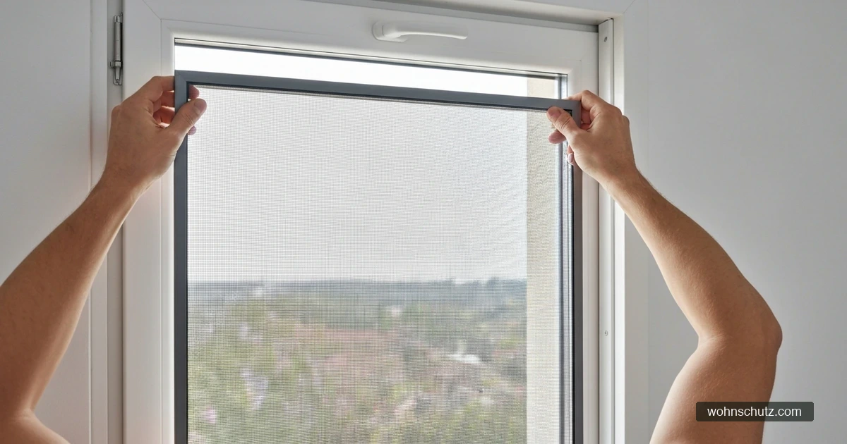 Weißer Kunststoff-Spannrahmen mit feinem Insektenschutzgewebe wird in den Fensterfalz eines Drehfensters eingeklemmt – Nahaufnahme der Eckmontage