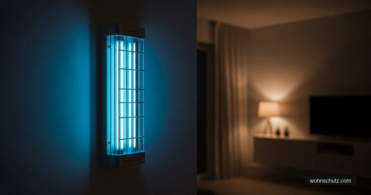 Elektrischer UV-Insektenvernichter mit blau-violettem Leuchten an einer Wand im abendlichen Innenraum
