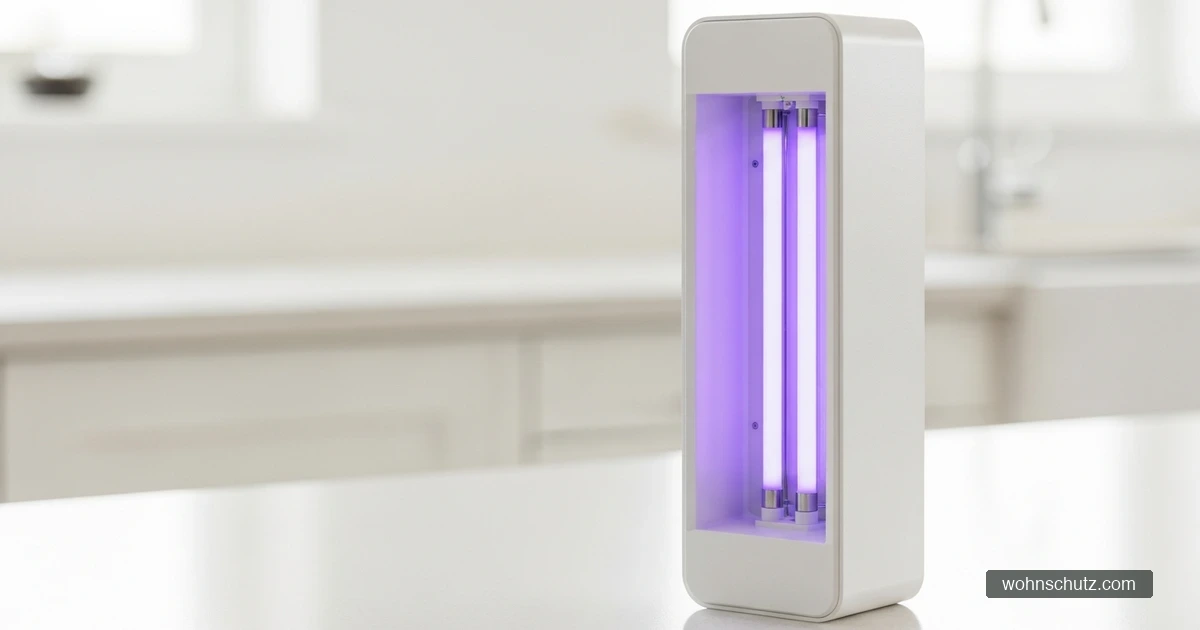 Weißer UV-Insektenvernichter als Klebefalle mit violett leuchtender UV-Röhre auf einer hellen Küchenarbeitsfläche