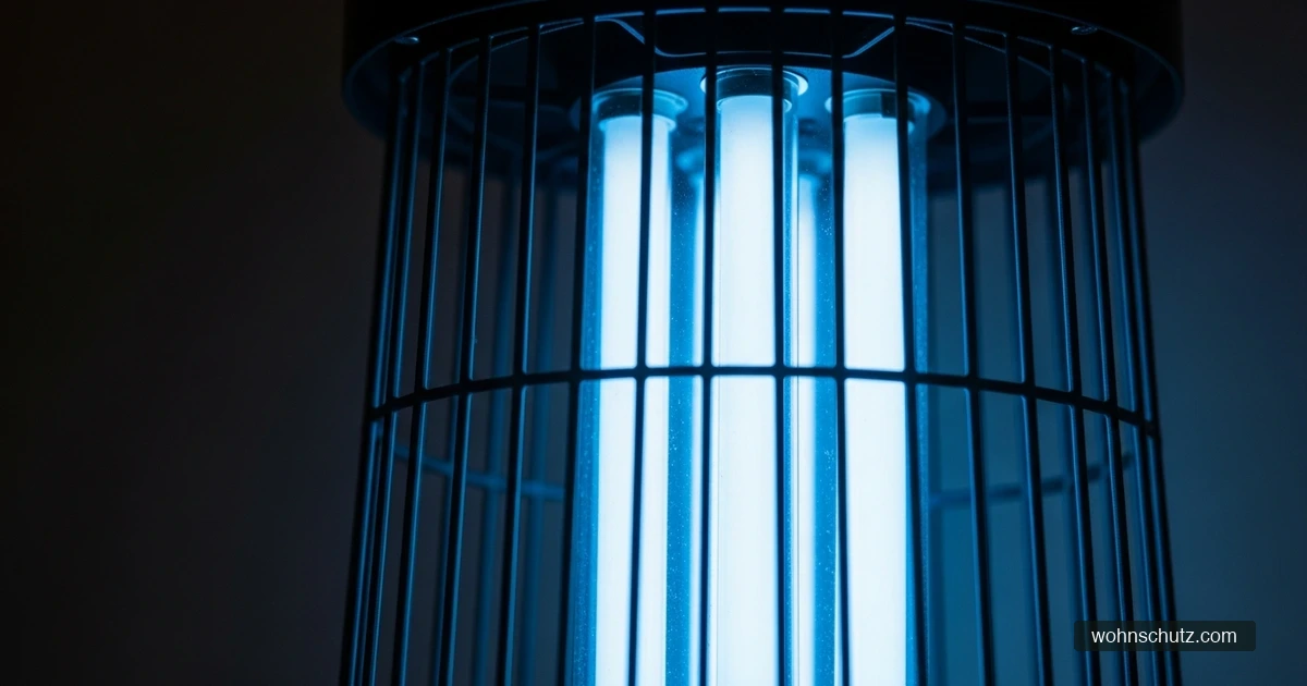 Nahaufnahme eines elektrischen Insektenvernichters mit blau-violett leuchtenden UV-Röhren und Schutzgitter