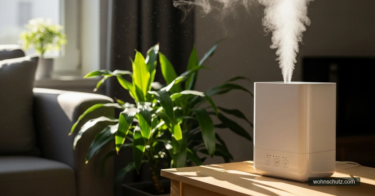 Moderner weißer Luftbefeuchter gibt feinen Nebel in einem gemütlichen Wohnzimmer ab