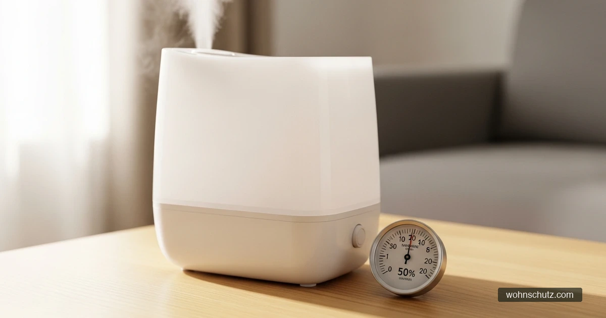 Luftbefeuchter neben einem Hygrometer, das eine relative Luftfeuchtigkeit von rund 50 Prozent anzeigt