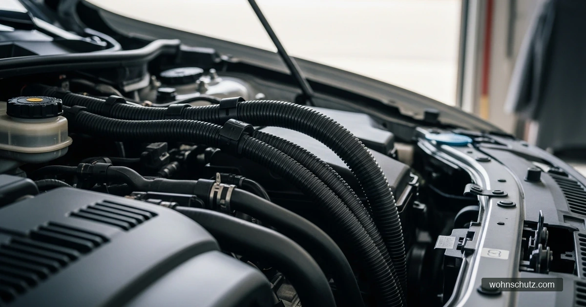 Geöffneter Motorraum mit Kabeln in Schutzschläuchen – mechanischer Marderschutz an gefährdeten Leitungen