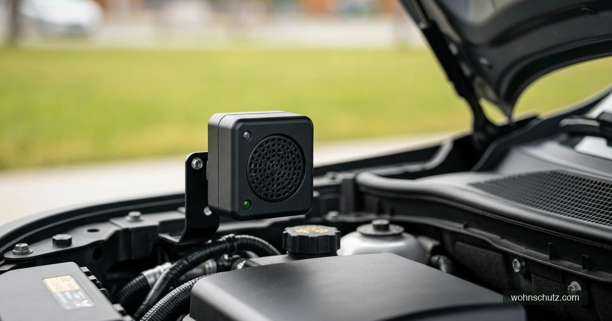 Ultraschall-Marderabwehrgerät im Motorraum eines Autos montiert – kompaktes Modul mit Lautsprecheröffnung