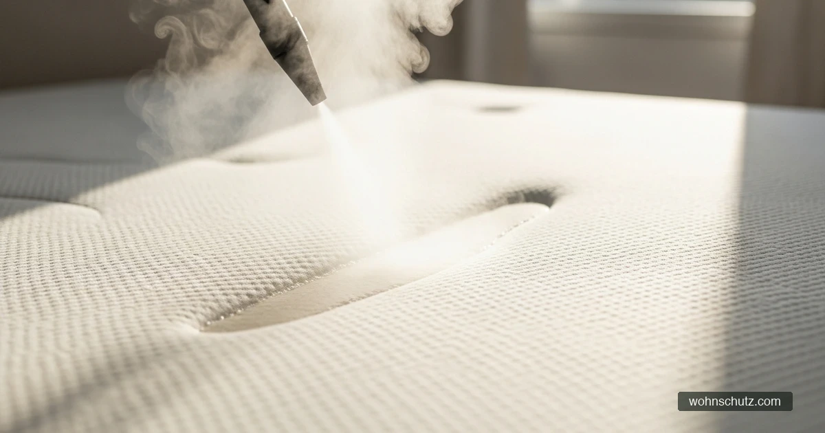 Matratze wird mit Dampfreiniger behandelt – Hitze gegen Hausstaubmilben ohne Chemie