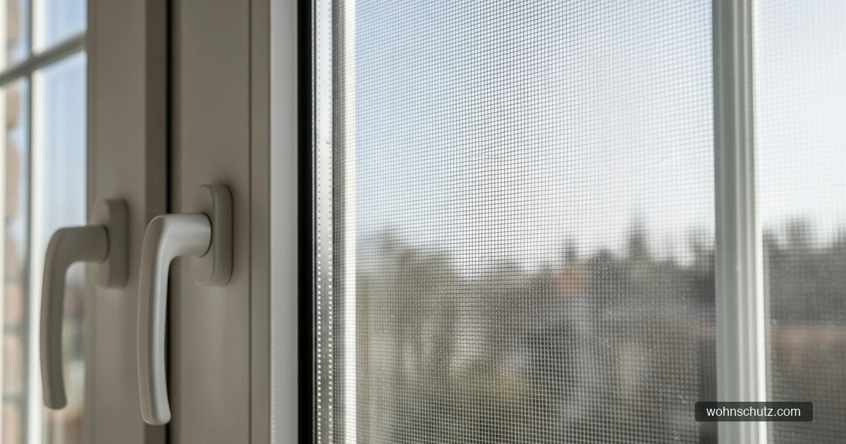 Grauer Aluminium-Spannrahmen mit weißem Insektenschutzgewebe im Fensterrahmen eingebaut – Nahaufnahme des Eck-Einpassens