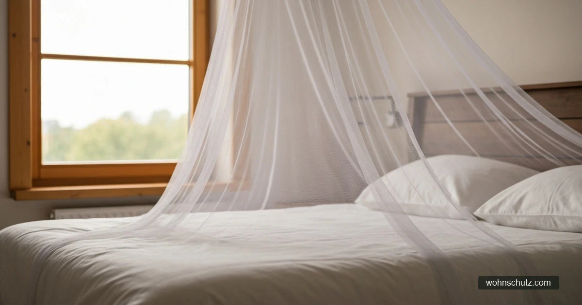 Weißer Doppelbett-Baldachin im Schlafzimmer – locker drapiert über einem Ehebett mit hellem Holzrahmen
