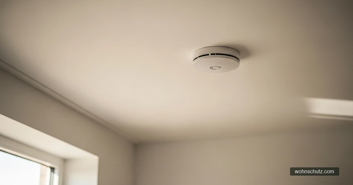 Weißer runder Rauchmelder an einer Zimmerdecke in einer hellen Wohnung