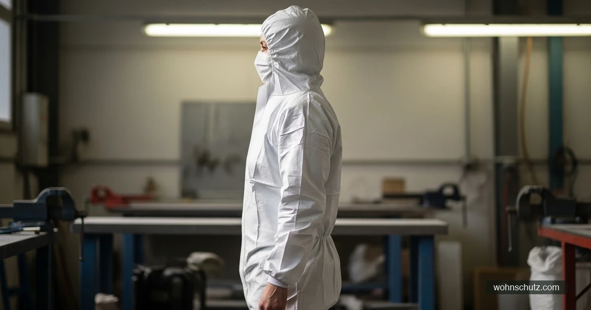 Person in weißem Tyvek-Schutzanzug Typ 5 mit Kapuze und elastischen Bündchen