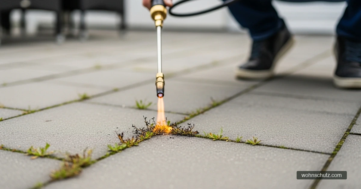 Person entfernt mit einem gasbetriebenen Abflammgerät Unkraut aus den Fugen einer gepflasterten Terrasse