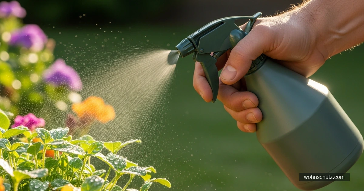 Gärtnerin sprüht ein anwendungsfertiges Unkrautmittel gezielt auf junges Unkraut in einem Gartenbeet