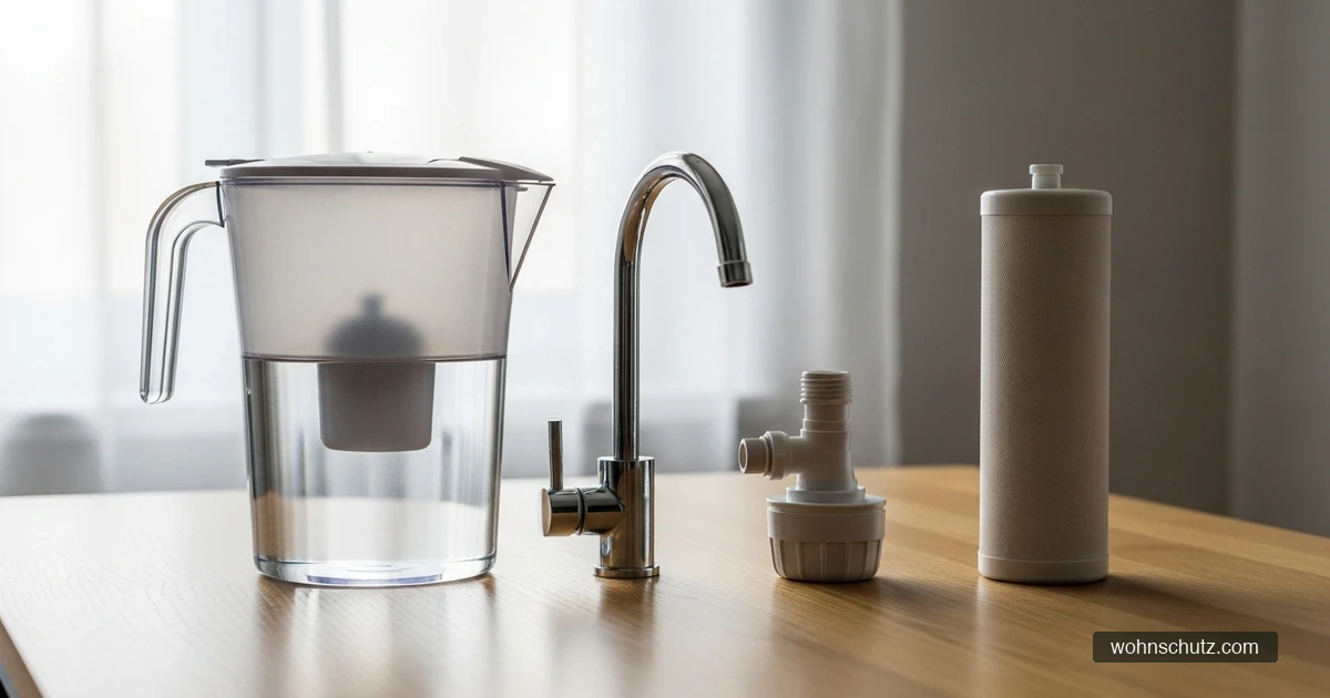 Filterkanne, Aufsatzfilter für den Wasserhahn und Untertisch-Filtersystem nebeneinander im Vergleich