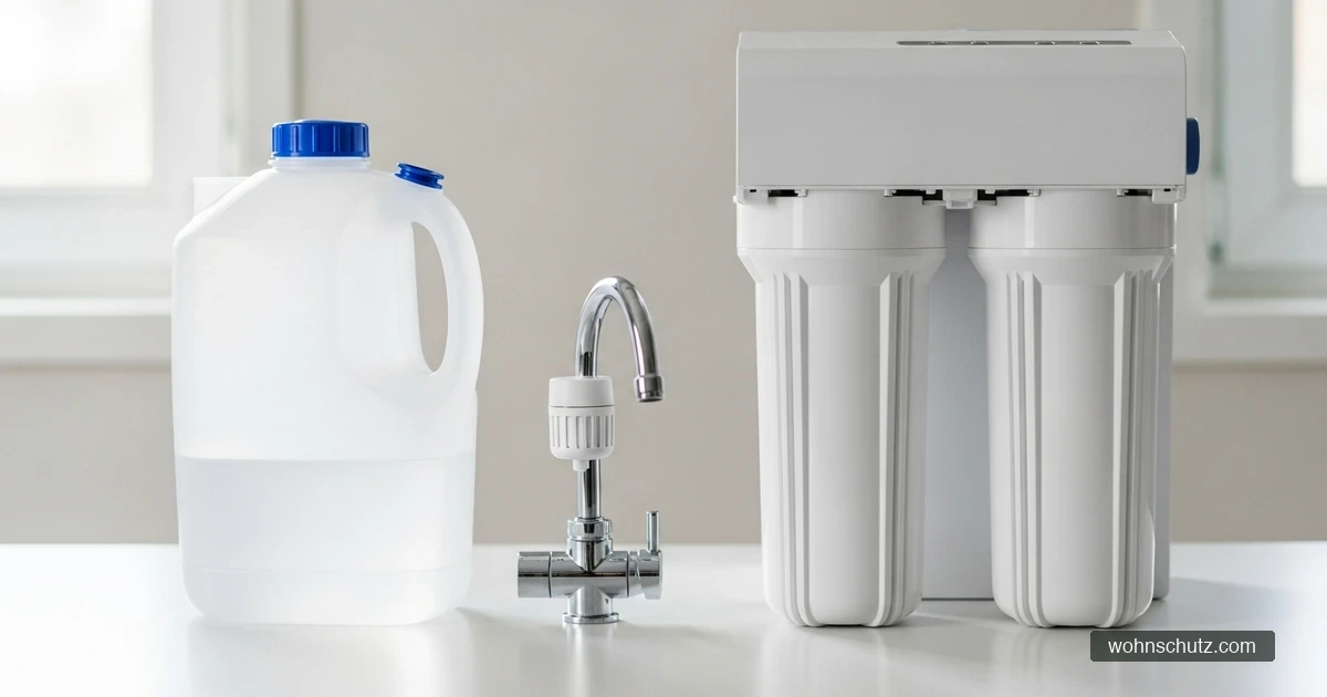 Verschiedene Wasserfilter im Vergleich – Filterkanne, Aufsatzfilter und Untertischsystem auf einer Küchenarbeitsplatte
