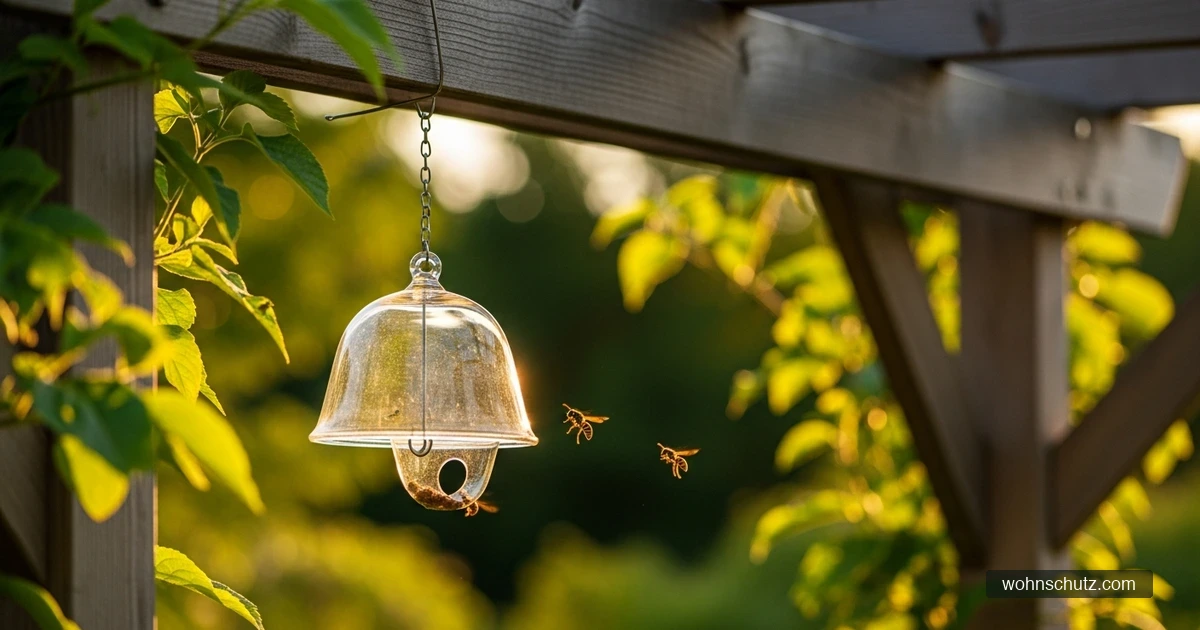Gläserne Wespenfalle hängt in einem sonnigen Sommergarten, einige Wespen fliegen umher