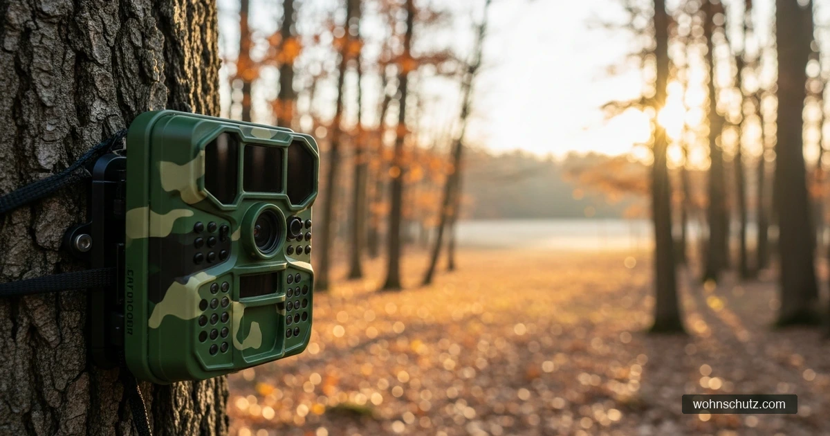 Getarnte Wildkamera an einem Baumstamm im herbstlichen Wald mit Blick auf eine Lichtung
