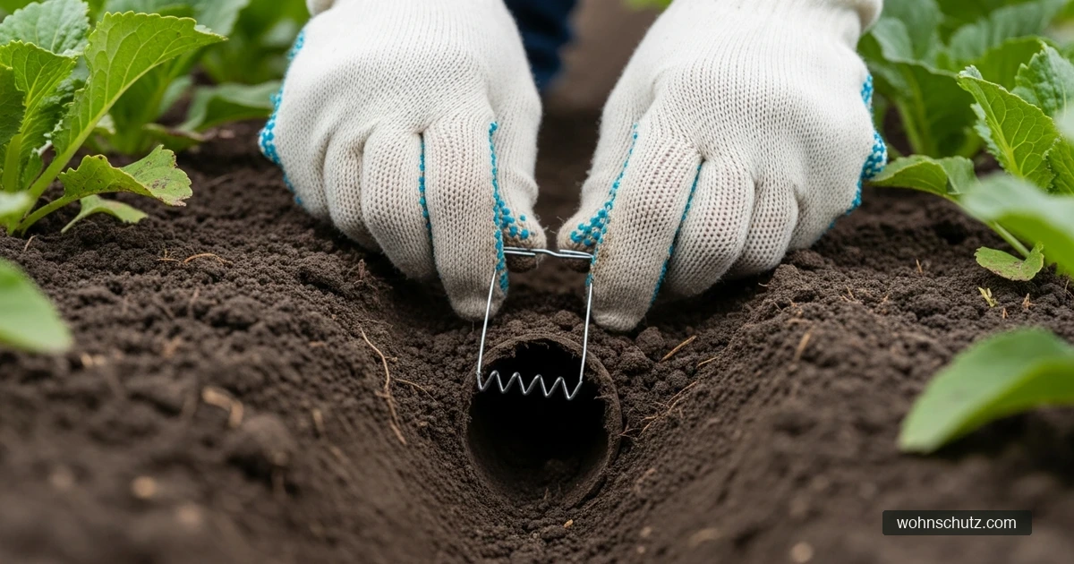 Wühlmausfalle wird in freigelegten Gang gesetzt – Schermaus-Bekämpfung im Garten