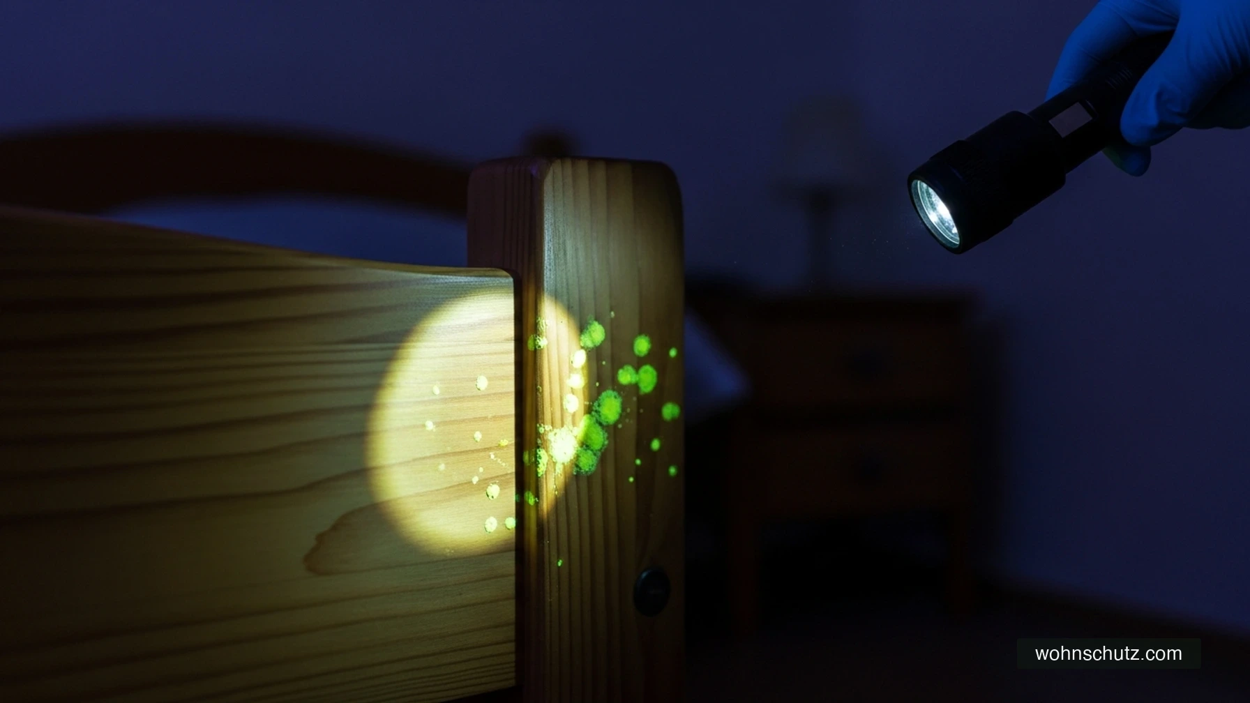 UV-Lampe bei Bettwanzen-Inspektion des Bettgestells – sichtbar gemachte Kotspuren