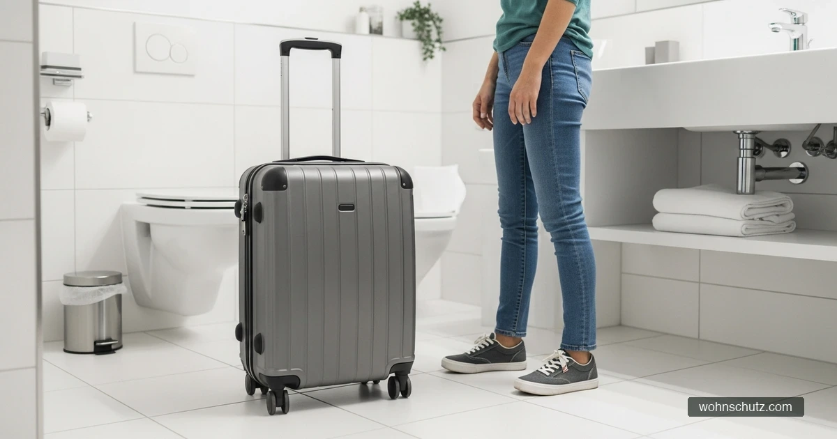 Reisekoffer im Hotelbadezimmer auf Fliesen abgestellt – Schutz vor Bettwanzen beim Einchecken