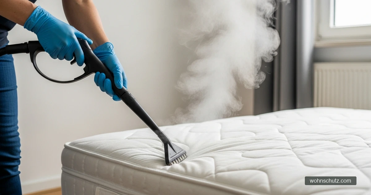 Dampfreiniger-Behandlung von Matratze und Bettrahmen gegen Bettwanzen in der Wohnung