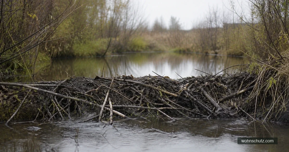 Biberdamm aus Ästen und Schlamm quer über einem schmalen Bachlauf, dahinter aufgestautes Wasser