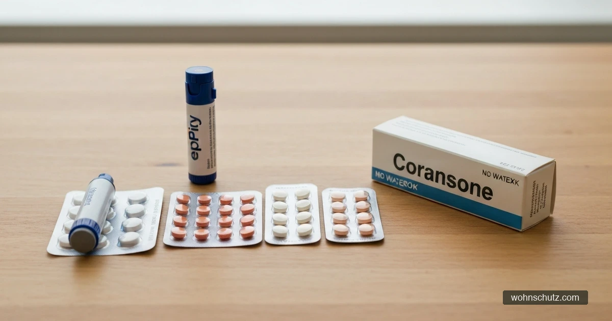 Notfallset bei Insektengiftallergie: Adrenalin-Autoinjektor, Antihistaminika und Cortison auf Holztisch