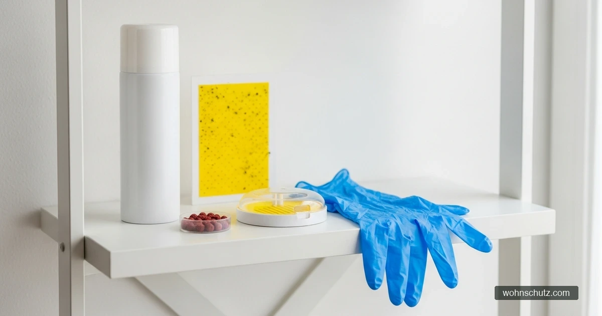 Biozide im Haushalt richtig verwenden – zugelassene Insektensprays, Köderdosen und Schutzhandschuhe auf einem Regal