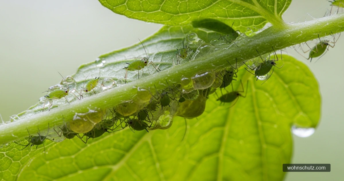 Nahaufnahme grüner Blattläuse an der Triebspitze einer Tomatenpflanze mit klebrigem Honigtau