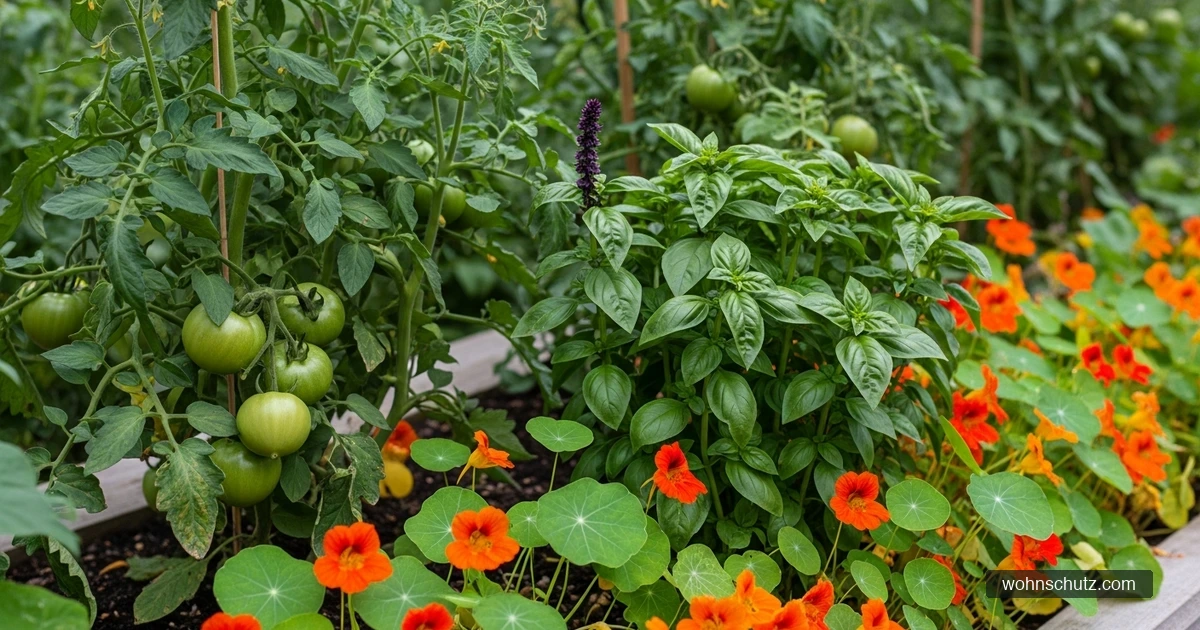 Tomatenpflanzen mit Basilikum und Kapuzinerkresse als Mischkultur gegen Blattläuse im Beet
