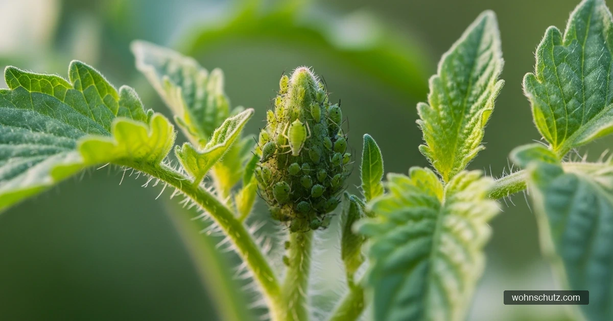 Grüne Blattläuse an einer Tomatentriebspitze – biologische Bekämpfung an essbaren Pflanzen